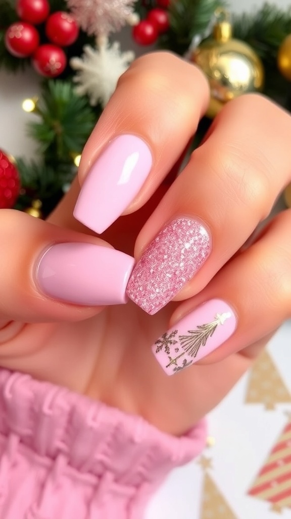 Festive Pink Christmas Manicure Festive pink Christmas manicure with glitter and holiday designs on a decorative background.